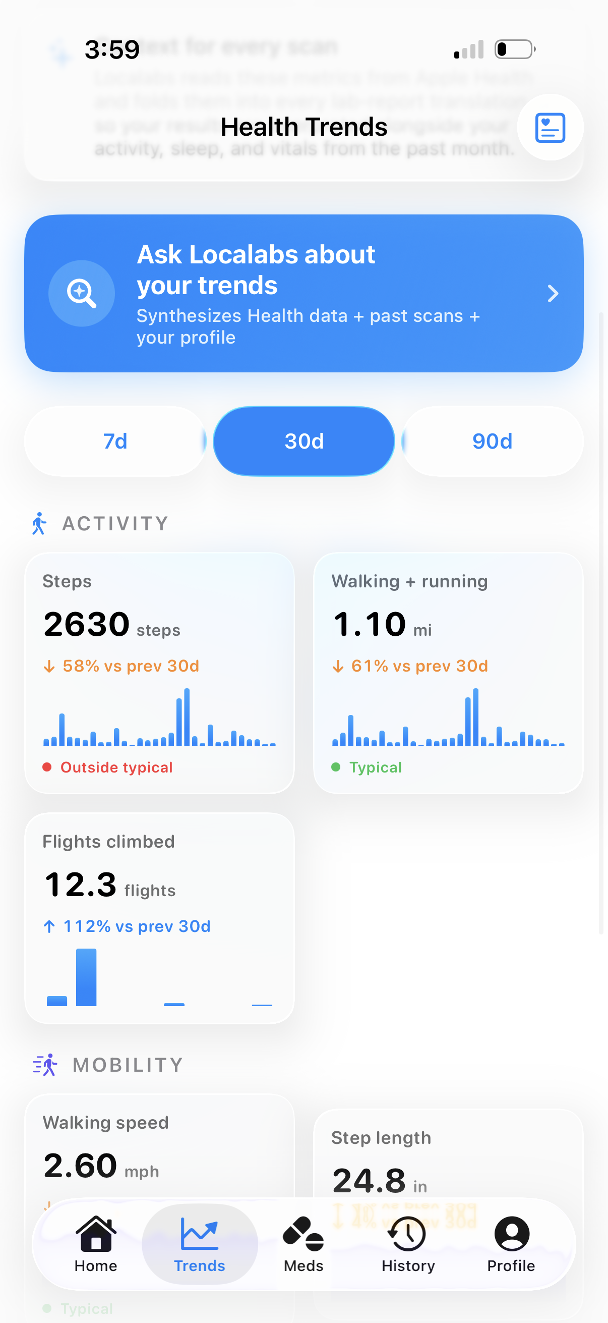 Apple Health trends — activity, sleep, vitals and mobility over 30 days