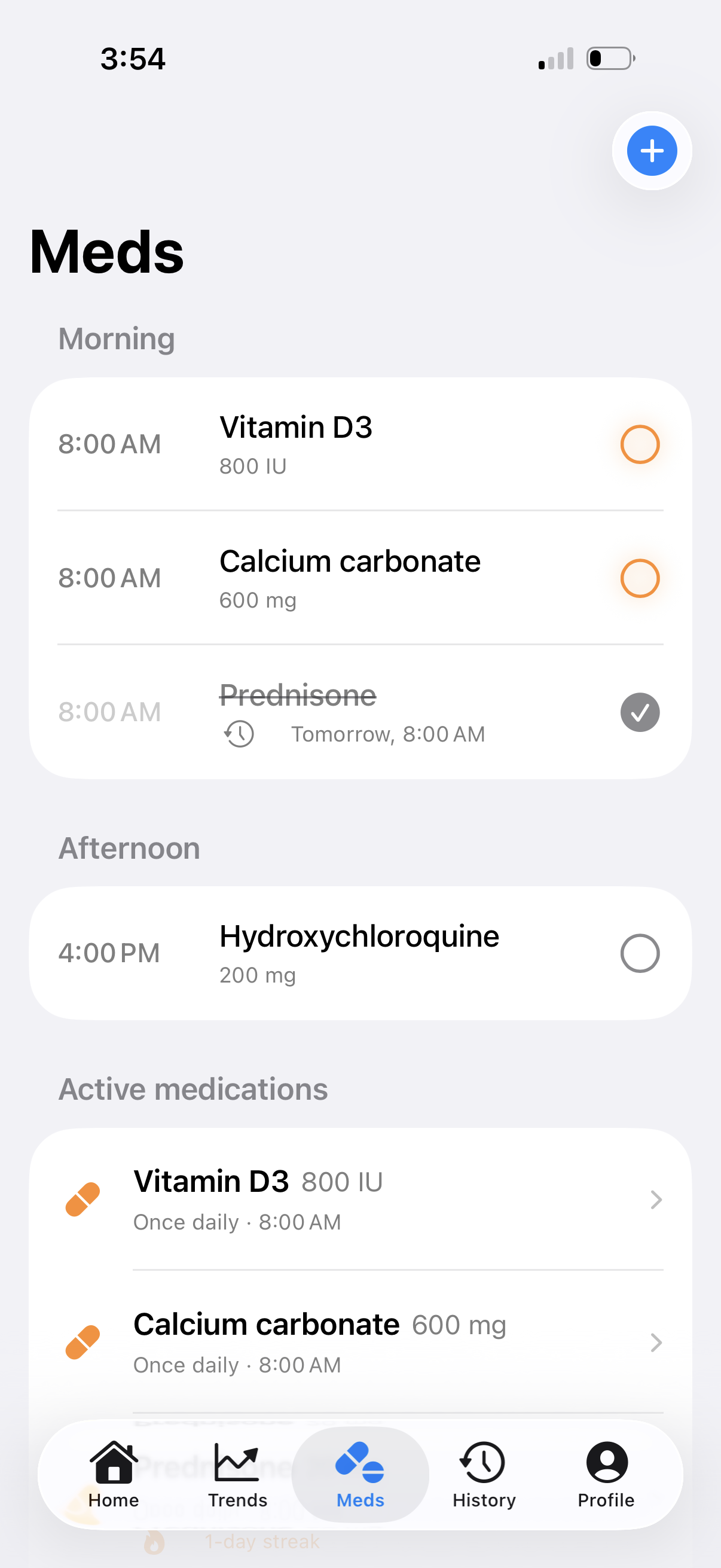Medications tab with today's doses and active medications
