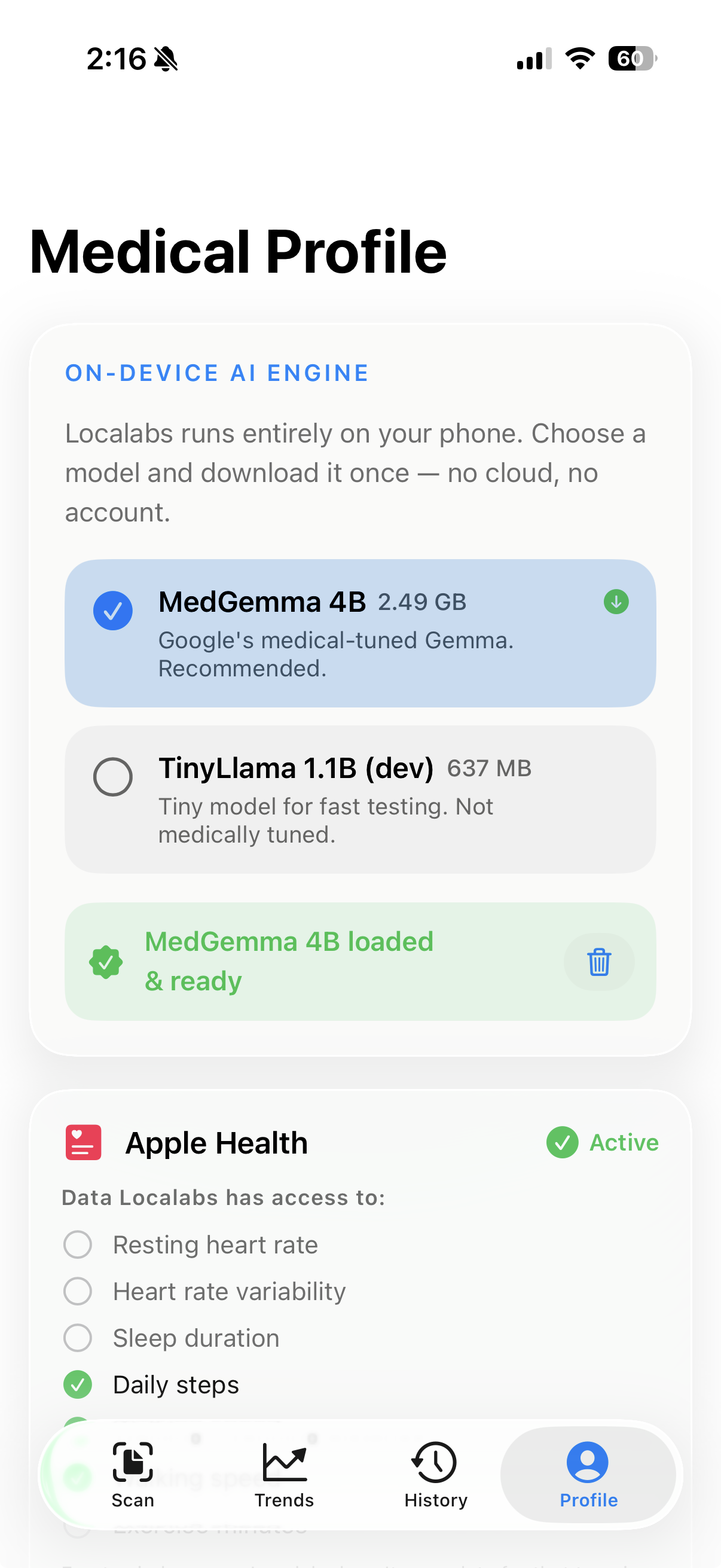 Medical Profile — on-device AI engine, model picker, Apple Health permissions