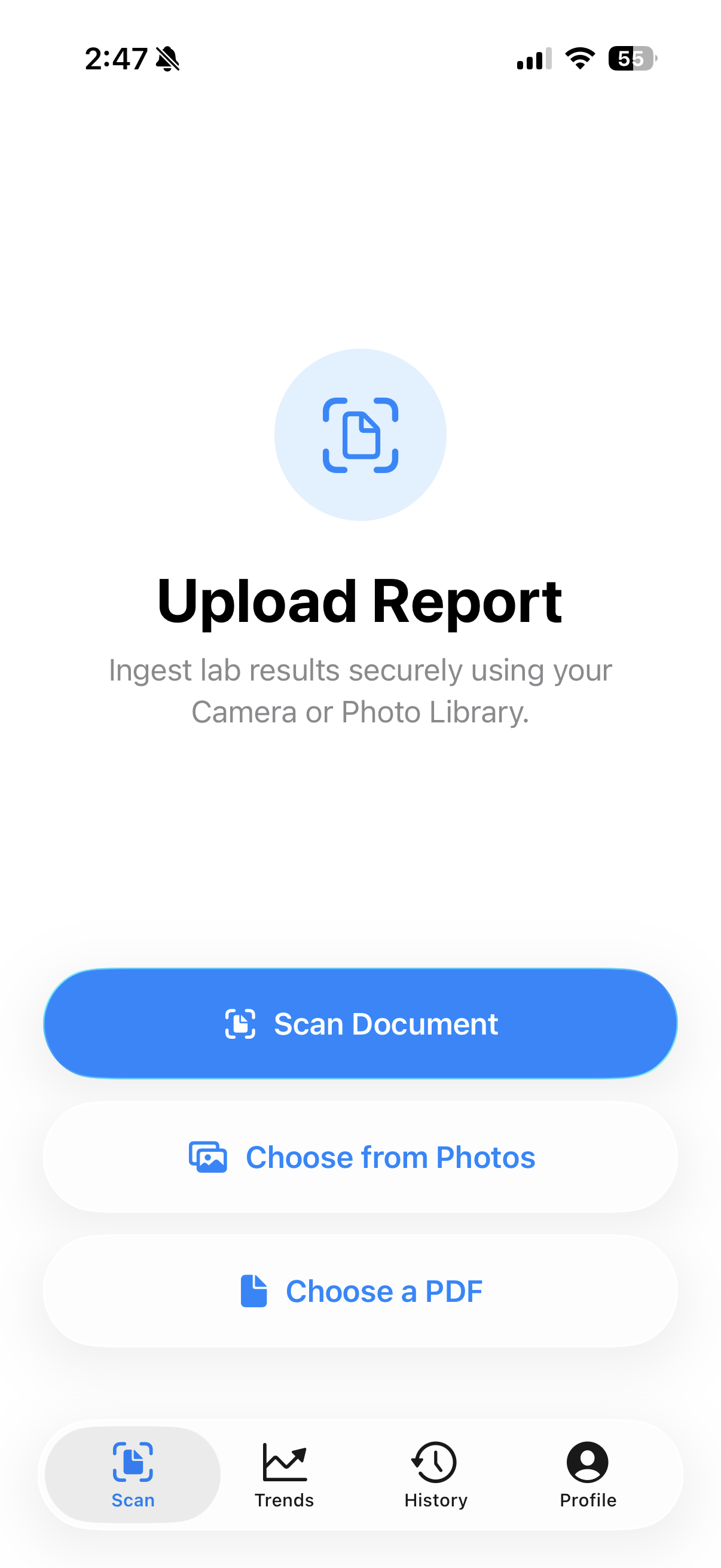 Upload Report screen with Scan Document, Choose from Photos, Choose a PDF
